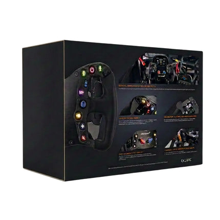 Racing steering wheel with multiple buttons and detailed graphics in black, red, and green.