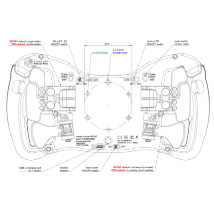 Labeled buttons and detailed diagram of the McLaren Artura Pro SC steering wheel in black and white.