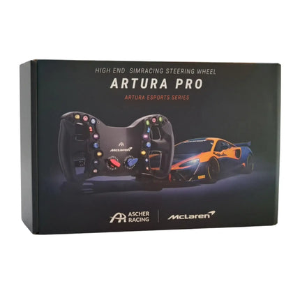 Packaging of the McLaren Artura Pro SC steering wheel with black and orange design.