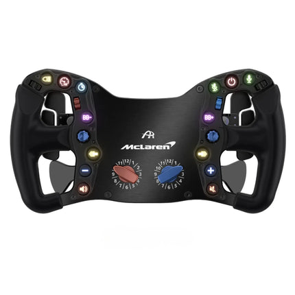 Front view of the black sim racing steering wheel with colorful buttons.