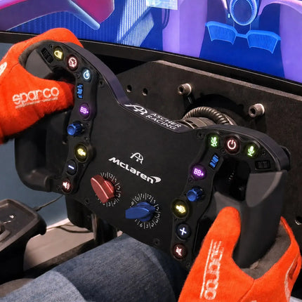Front view of the black sim racing steering wheel showcasing colorful buttons.
