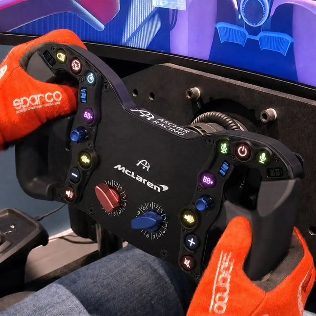 Front view of the black sim racing steering wheel showcasing colorful buttons.