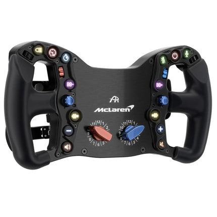Front view of the black sim racing steering wheel featuring colorful buttons.