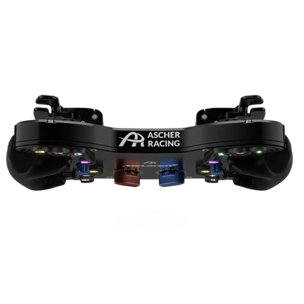 Side view of the black sim racing steering wheel highlighting buttons and ergonomic design.