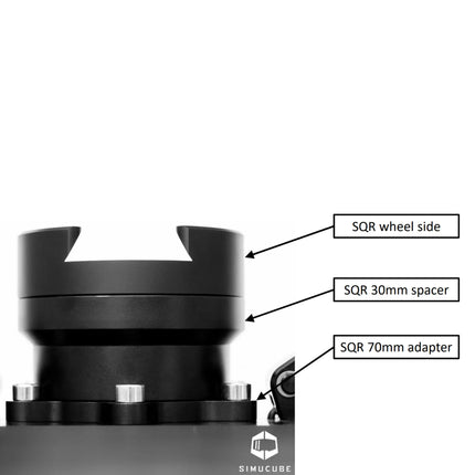 Detail shot of the steering wheel adapter design and mounting points.