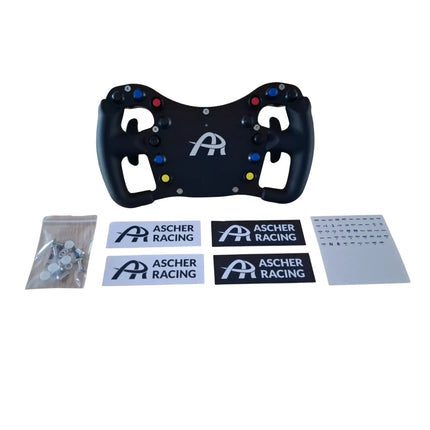 Front view of the racing sim steering wheel with colorful buttons and included stickers.