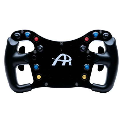 Front view of the racing sim steering wheel with colorful accents.