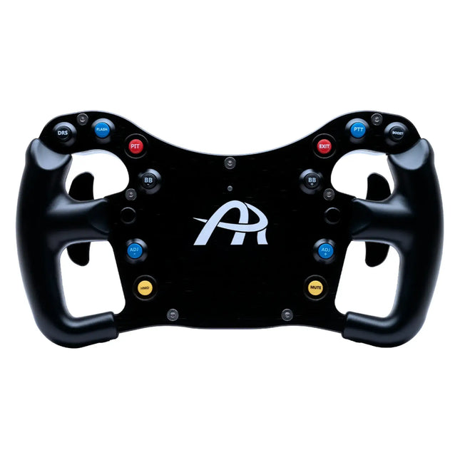 Front view of the racing sim steering wheel with colorful accents.