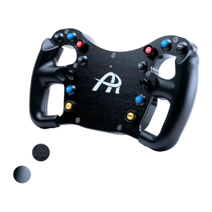 Front view of the racing sim steering wheel featuring a logo and colorful accents.