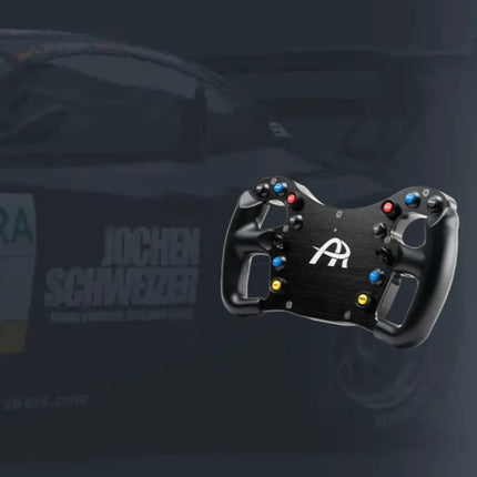 Lifestyle shot of the racing sim steering wheel showcasing its ergonomic design.