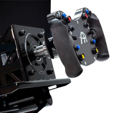 Side view of the racing sim steering wheel highlighting multiple buttons.
