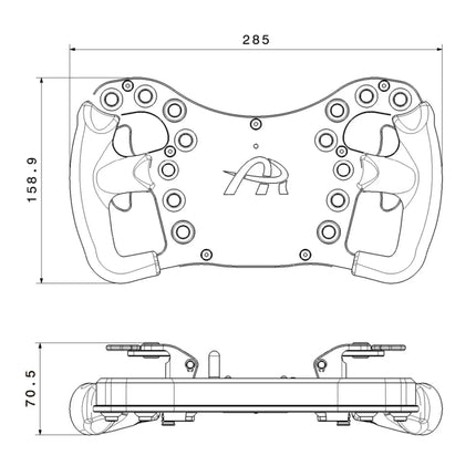 Technical drawing of the racing sim steering wheel showing dimensions and layout.