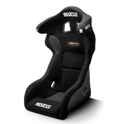 Sparco Circuit II QRT racing seat in black, side view highlighting supportive sides.