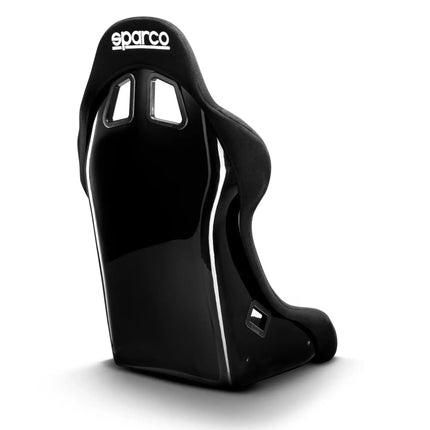 Back view of the black racing seat with smooth finish and logo detail.