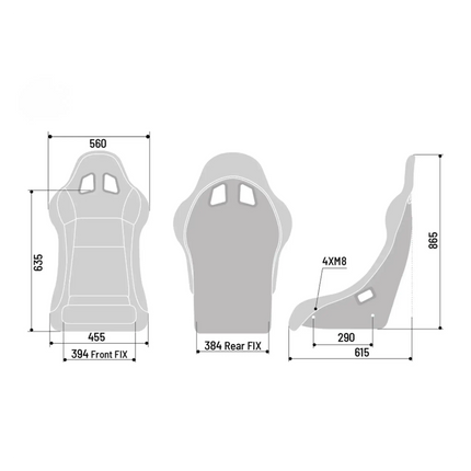 Technical drawing showing dimensions of the racing seat.