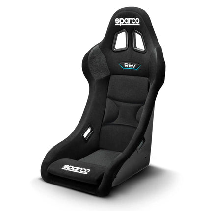 Front view of the black fiberglass racing seat with ergonomic design.