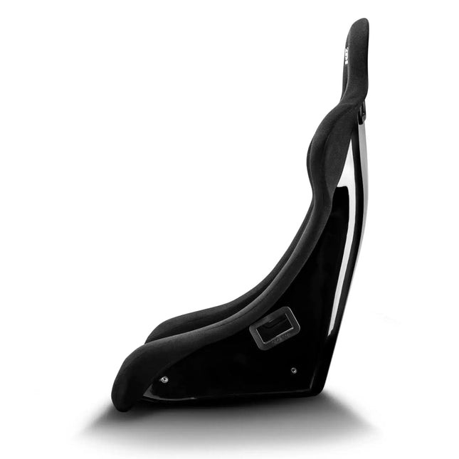 Side profile of the black fiberglass racing seat.