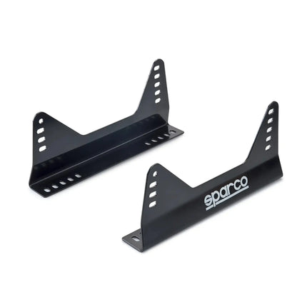 Side view of the black metal sim racing seat brackets with multiple mounting holes