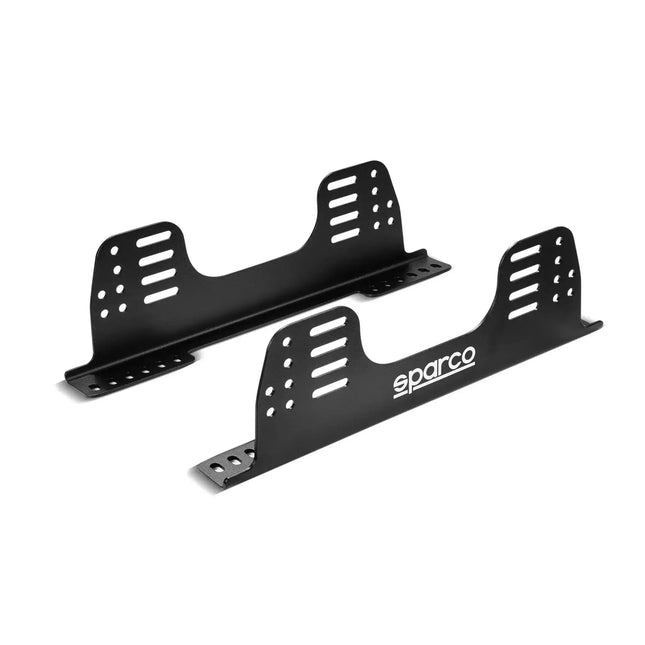Side view of black iron sim racing seat brackets with mounting holes.