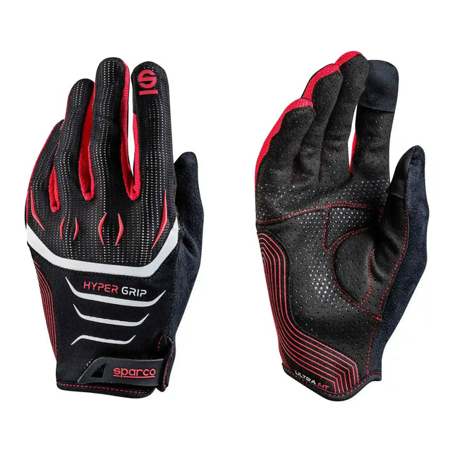 Detail view of black and red racing gloves with grip texture.