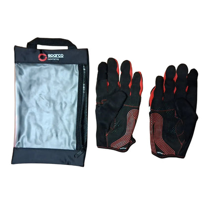 Black and red racing gloves displayed in packaging.