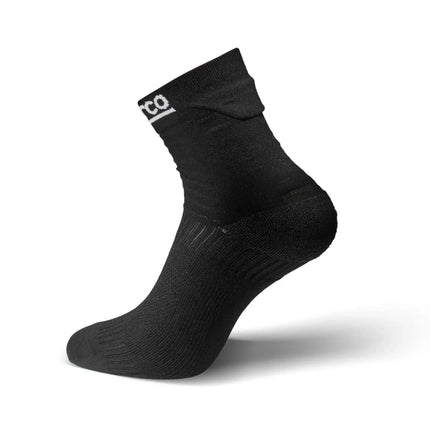 Close-up of black racing socks featuring smooth texture