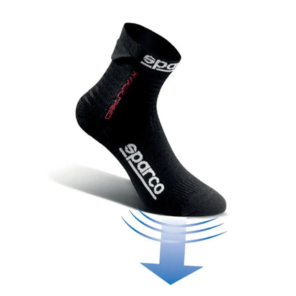 Side view of black sock with red detailing