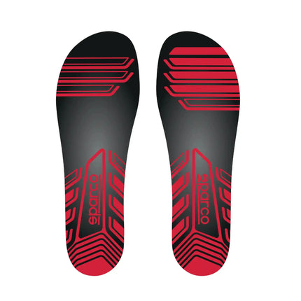 Detail of black and red socks with textured design and red accents