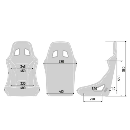 Detail shot of dimensions for the black Sparco Sprint sim racing seat.