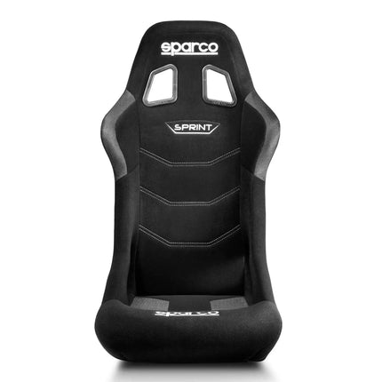 Front view of the black Sparco Sprint sim racing seat with ergonomic shape and padded backrest.